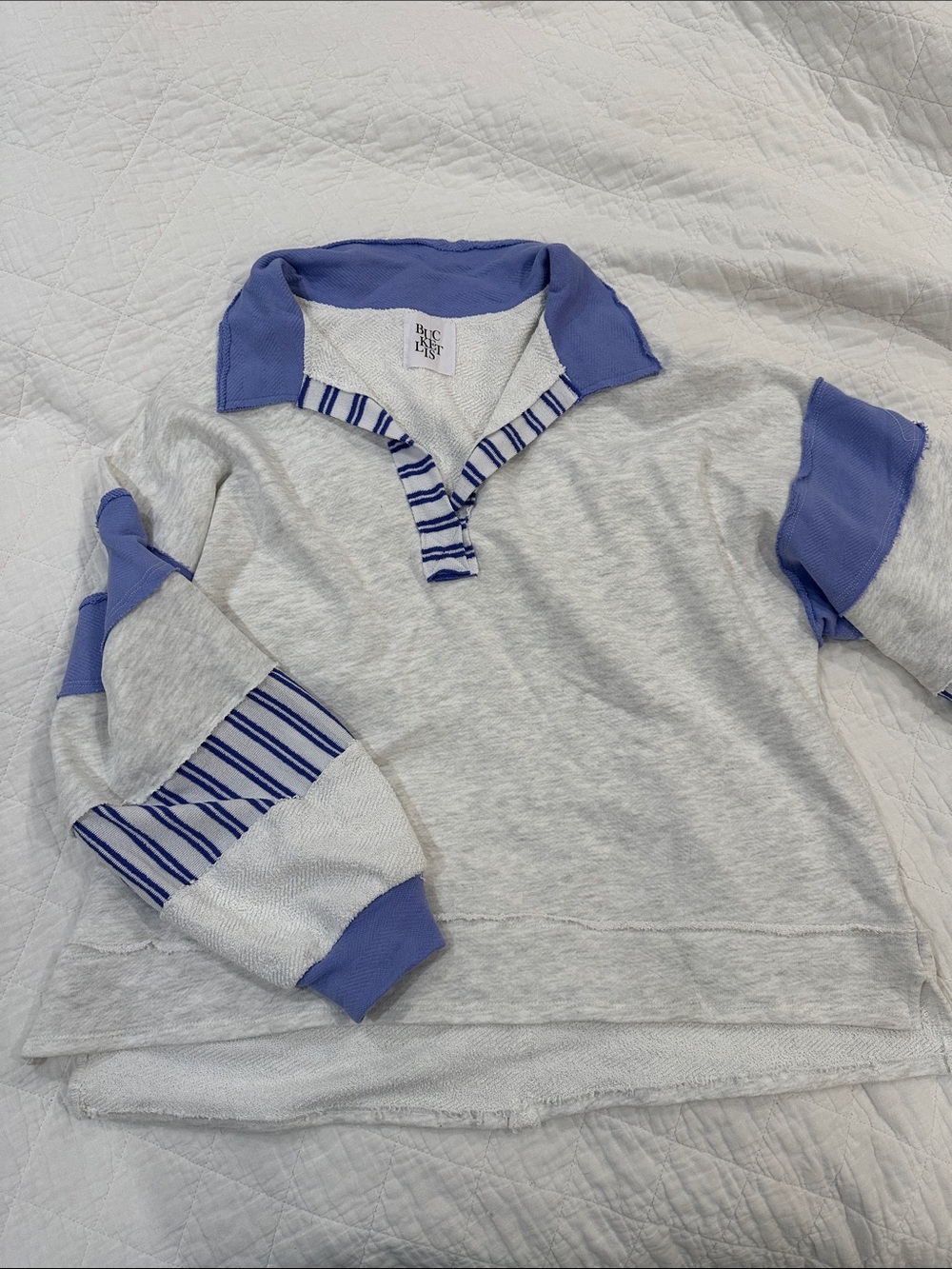 Light Gray Pullover Top with Periwinkle Trim